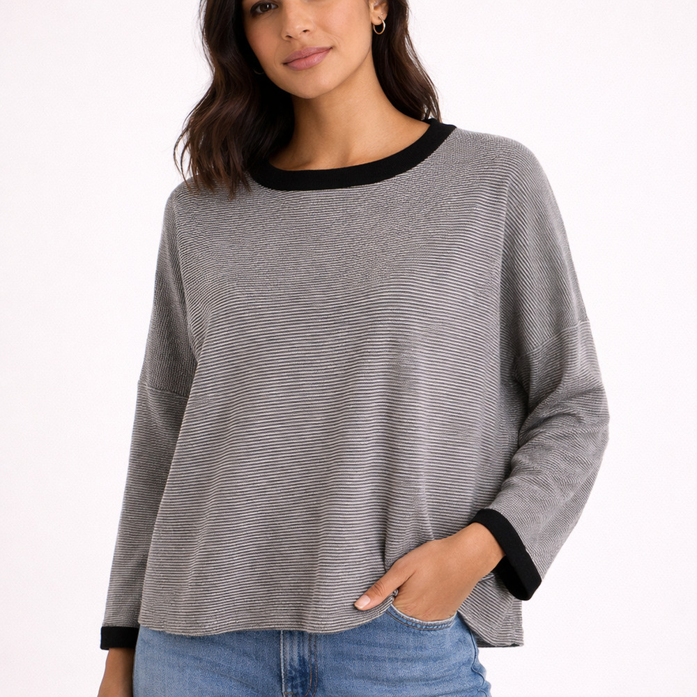 Eileen Fisher Striped Box Top Medium Black White Relaxed Sweater